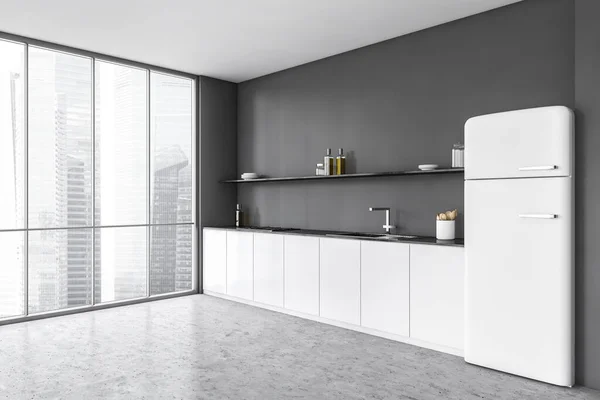 Grey and white kitchen set with sink and appliances, marble floor and grey wall, side view near window. Minimalist design of kitchen with fridge and stove, 3D rendering no people