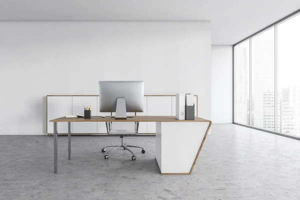 White light office with one chair and table with computer, on marble floor with white walls. Business office room for one person near window, 3D rendering no people