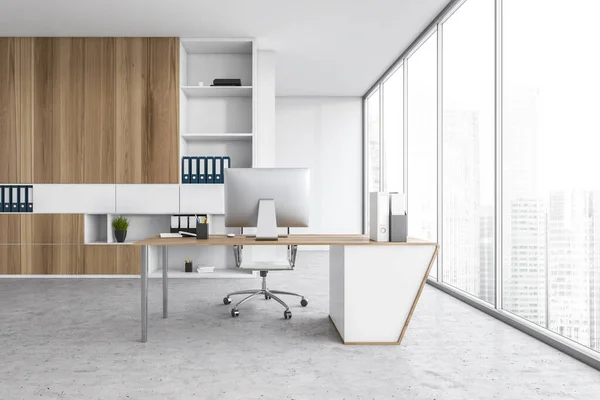 White light office with shelf, chair and table with computer, on marble floor near window. Business office room for one office worker, 3D rendering no people