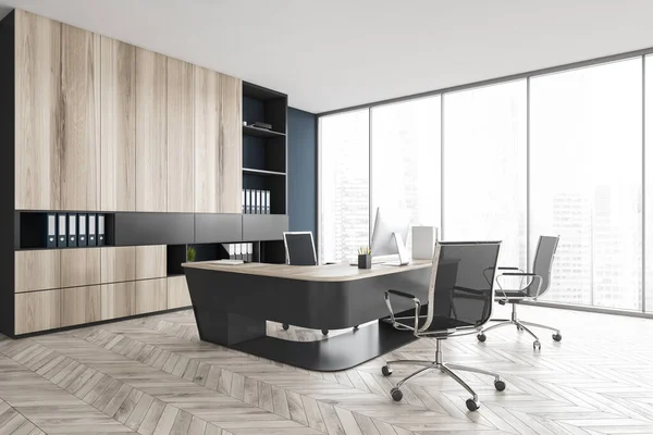 Black and wooden office room with chairs, table with computer and shelf, on parquet floor near window. Business dark luxury consulting office room, 3D rendering no people