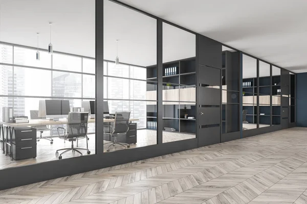 Black office room behind glass window, chairs and table with computers near window. White shelves and parquet floor, minimalist office manager room, 3D rendering no people