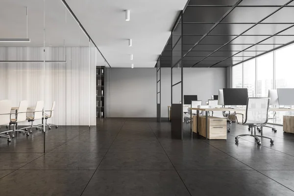 Black White Office Room Armchairs Computers Wooden Tables Windows Open — Stock Photo, Image