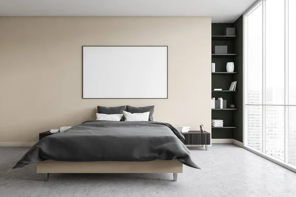 Mockup Canvas Frame Beige Grijze Slaapkamer Bed Met Witte Kussens — Stockfoto