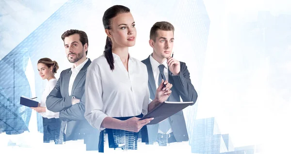Portrait Four Successful Business People Working Together Blurry Abstract City — Stok fotoğraf