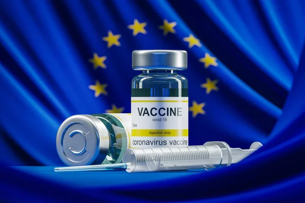 Vaccino Covid Coronavirus Sullo Sfondo Della Bandiera Dell Unione Europea — Foto Stock