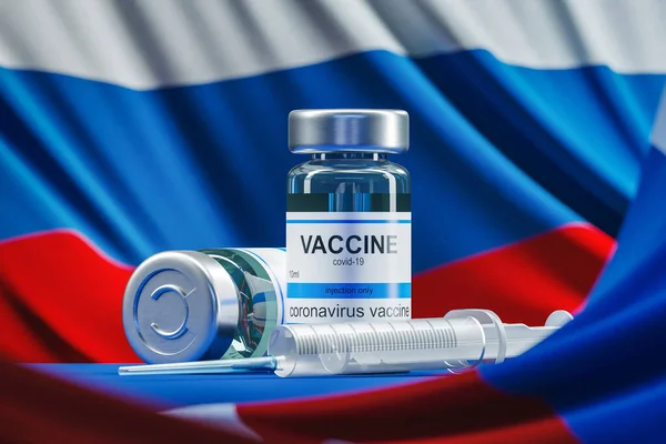 Vacina Contra Coronavírus Covid Sobre Fundo Bandeira Federação Russa Conceito — Fotografia de Stock