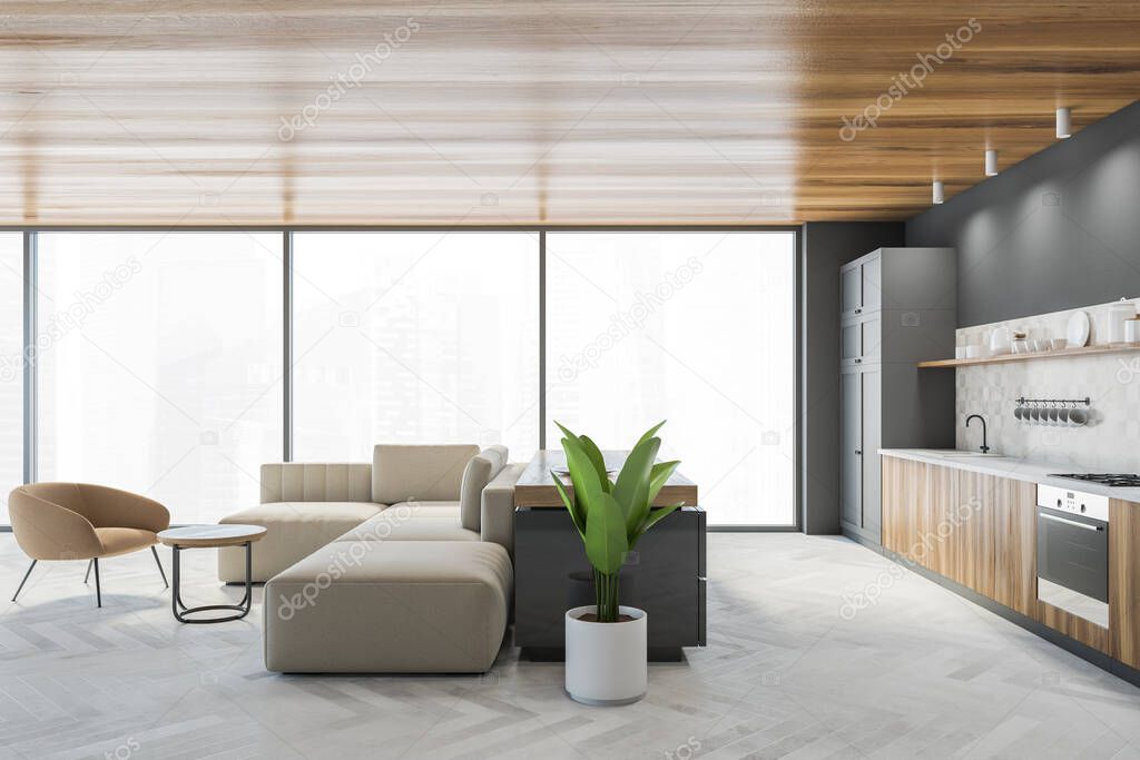 Living room with white sofa and wooden coffee table with beige armchair with plant, wooden white floor. Grey kitchen set with shelves, window with city view 3D rendering no people
