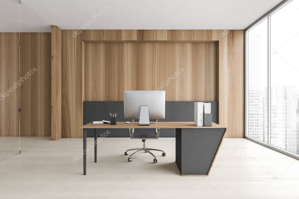 Interior of stylish CEO office with gray and wooden walls, wooden floor and wooden computer table. 3d rendering