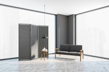 Gri kanepeli gri büyük salon ve şişeli küçük masa, pencereli ahşap siyah ekran, yan manzaralı. Büyük minimalist salon, gri ışıklı ahşap zemin, 3 boyutlu, kimseyi göstermiyor.