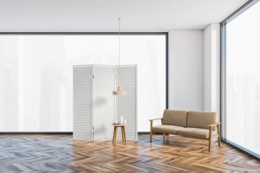 Ahşap salonda bej kanepe, küçük masa ve şişeler, pencerenin yanındaki ahşap beyaz ekran, şehir manzaralı. Büyük minimalist salon, ahşap zemin, 3 boyutlu, kimseyi göstermiyor.