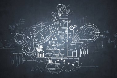 Tahtaya çizilmiş yaratıcı bir iş çizimi. İş stratejisi ve planlama kavramı