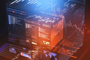 Fütürist iş arayüzü ve bulanık kırmızı arkaplandaki grafikler. Yüksek teknoloji ve veri analizi kavramı. 3D tonlanmış görüntü çift pozlama. Bu görüntünün elementleri NASA tarafından desteklenmektedir