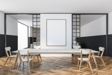 Beyaz ve siyah yemek odasında ahşap zemin üzerinde sandalyeler ve masa olan bir çerçeve. Ahşap mobilyaları olan modern minimalist yemek odası, 3 boyutlu, kimseyi göstermiyor.