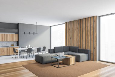 Gri kanepeli, ahşap sehpalı, yemek masalı ve pencere kenarındaki sandalyeli gri oturma odası. Arka planda raflar olan ahşap mutfak seti, 3 boyutlu, kimseyi göstermiyor.