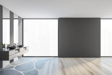 Gri ve ahşap banyodaki iki lavabo ve aynalı fotokopi alanı. Banyo minimalist tasarımı, geniş pencereli, ahşap zemin, 3 boyutlu, kimseyi göstermiyor.