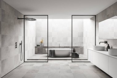 Beyaz duvarları ve zemini olan modern banyonun içi, rahat küvet, duş kabini ve çift lavabo. 3d oluşturma