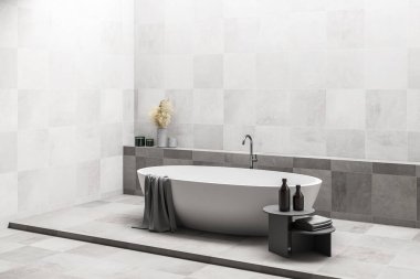 Beyaz duvarları, zemini ve rahat küveti olan modern banyonun köşesi. 3d oluşturma