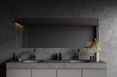 Gri ve beton duvarlı, ahşap döşemeli, çift lavabolu ve aynalı şık bir banyo. 3d oluşturma