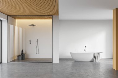 Beyaz duvarları, beton zemini, rahat küveti ve duş kabini olan şık bir banyo. 3d oluşturma