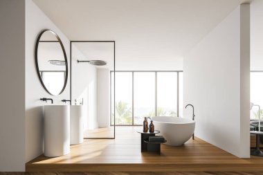 Modern banyo, beyaz duvarlar, ahşap zemin, rahat küvet, duş kabini ve çift lavabo. 3d oluşturma