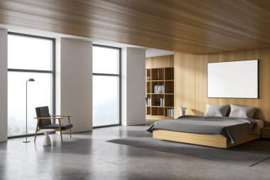Beyaz ve ahşap duvarları, beton zemini, rahat kral yatağı, koltuk ve yatay maket posteri olan modern ana yatak odasının köşesi. 3d oluşturma