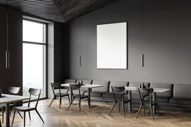 Gri duvarları, ahşap zemini, kare masaları ve uzun gri kanepesi olan tavan arası kafenin köşesi. Dikey maket posteri. 3d oluşturma