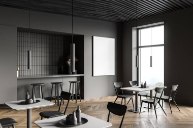 Gri duvarları olan modern restoranın köşesi, ahşap zemin, kare masalar ve tabureli bar tezgahı. Dikey maket posteri. 3d oluşturma