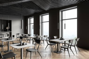 Gri duvarları, ahşap zemini, kare masaları ve tabureli bar tezgahı olan şık bir restoranın köşesinde. 3d oluşturma