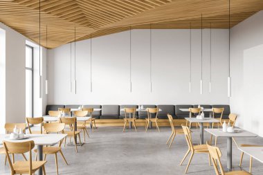 Beyaz duvarları, beton zemini, kare masaları ve uzun gri kanepesi olan bir kafenin içi. 3d oluşturma