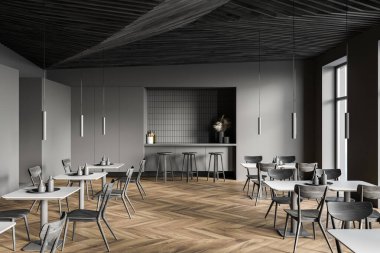 Gri duvarları, ahşap zemini, kare masaları ve tabureli bar tezgahı olan şık bir restoran. 3d oluşturma