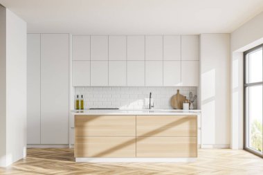 Beyaz duvarları, ahşap zemini, beyaz dolapları ve ahşap adası olan modern mutfağın içi. 3d oluşturma