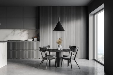 Gri ve ahşap duvarları, beton zemini ve yuvarlak yemek masası olan şık bir mutfak. 3d oluşturma