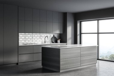 Gri duvarları, beton zemini, gri dolapları ve ahşap adası olan şık bir mutfağın köşesi. 3d oluşturma