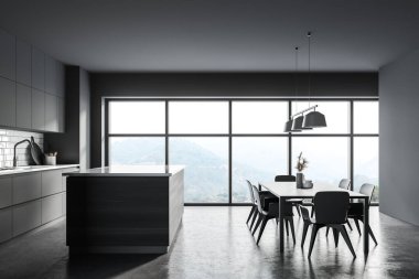 Gri duvarları, beton zemini, yemek masası ve adası olan şık bir mutfak. 3d oluşturma