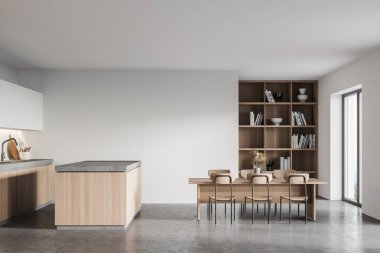 Beyaz duvarları, beton zemini, ahşap dolabı, yemek masası ve adası olan modern mutfağın yan görüntüsü. 3d oluşturma