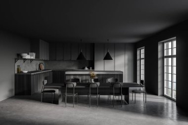 Gri duvarlı modern mutfak malzemeleri, beton zemin, ahşap ve gri dolaplar, uzun yemek masası ve tabureli bar. 3d oluşturma