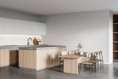 Modern mutfağın köşesinde beyaz duvarlar, beton zemin, ahşap dolap, yemek masası ve ada. 3d oluşturma