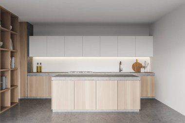 Beyaz duvarları, beton zemini, ahşap dolabı ve adası olan şık bir mutfak. 3d oluşturma