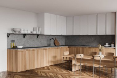 Beyaz duvarlı modern mutfağın köşesi, ahşap zemin, tahta ve beyaz dolaplar, uzun yemek masası ve tabureli bar. 3d oluşturma