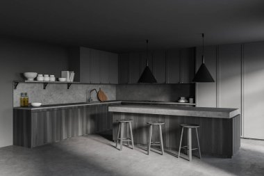 Gri duvarları, beton zemini, ahşap ve gri dolapları ve tabureli barları olan şık bir mutfağın köşesi. 3d oluşturma