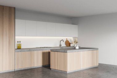 Beyaz duvarları, beton zemini, ahşap dolabı ve adası olan şık bir mutfağın köşesi. 3d oluşturma