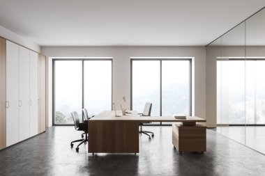 Beyaz ve ahşap duvarları, beton zemini ve bilgisayar masası olan modern CEO ofisi. 3d oluşturma