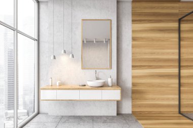 Wooden and white bathroom with sink, mirror and window with city view. Minimalist design of modern bathroom with tiled floor 3D rendering, no people clipart