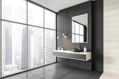 Lavabosu, aynası ve penceresi olan ahşap ve beyaz bir banyo. 3D döşemeli modern banyo minimalist tasarımı, insan yok.