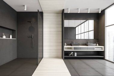Gri ve beyaz banyo, havluyla iki lavabo, cam kapılarla duş, pencerenin yanında. 3D döşemeli modern banyonun minimalist koyu tasarımı, insan yok.