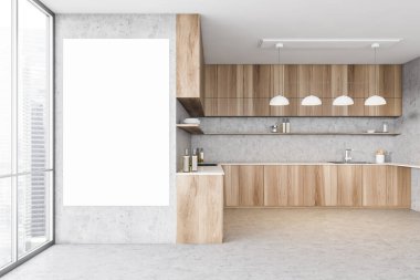 Açık ahşap ve beton mutfak köşelerinde lambalar ve aletlerle yapılmış boş bir tuval. Mutfak odasındaki boş çerçeve büyük pencereli, 3 boyutlu, kimseyi göstermiyor.