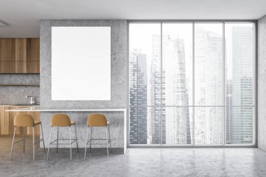 Mutfak odasındaki tuvalin çerçevesi büyük pencerenin yanında, şehir manzaralı gökdelenler. Tahta ve gri minimalist mutfak, üç bar sandalyesi, üç boyutlu, hiç insan yok.