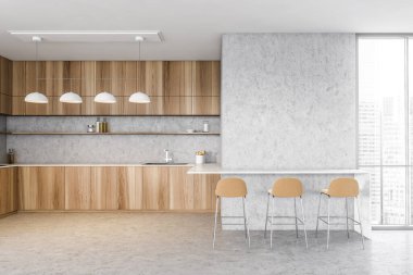 Tahta ve gri mutfak odası ve üç bej bar sandalyesi. Ahşap minimalist mutfak seti, soba ve lavabo, şehir manzaralı pencere, 3D, kimseyi yansıtmıyor.