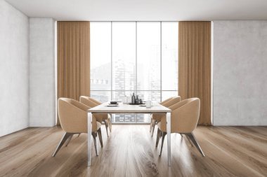 Dört bej sandalyeli yemek odası, ahşap tabaklı masa, pencereli ön manzara. Yemek masası ve mobilyaları olan oturma odası, 3 boyutlu, insan yok.