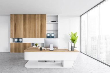 Rafı ve bitkisi olan beyaz ışıklı ofis, pencerenin yanındaki mermer zeminde bilgisayarlı sandalye ve masa. Bir ofis çalışanı için lüks ofis odası, 3 boyutlu, kimseyi göstermiyor.